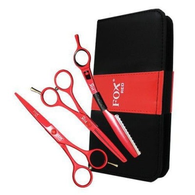 Zdjęcie produktu Komplet FOX COLOR do strzyżenia nożyczki, degazówki i brzytwa w etui, czerwony
