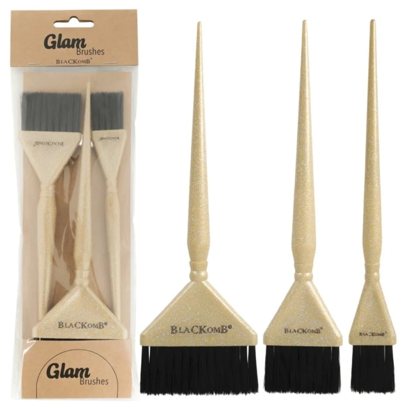 Zestaw pędzelków fryzjerskich do farbowania, koloryzacji włosów, brokatowe złote, 3 szt