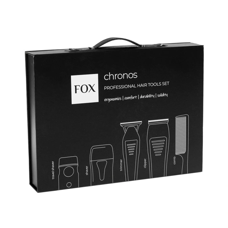 Zestaw do strzeżenia włosów i brody Fox Chronos i Chronos S: maszynka, trymer, golarka, mini golarka, grzebień