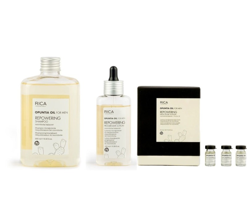 Zestaw Rica Men Repowering do włosów wypadających: szampon 250 ml + Kuracja High Dose 12x6 ml + płyn Progressive