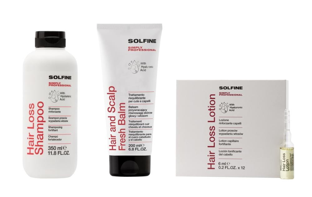 Solfine zestaw przeciw wypadaniu: Szampon 350 ml + ampułki 12x6 ml + balsam 200 ml