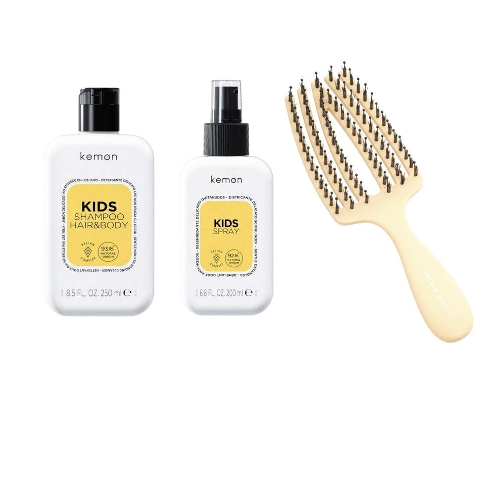 Zestaw Kemon Kids: Szampon 250 ml + Spray do rozczesywania włosów 200 ml + szczotka Olivia Garden